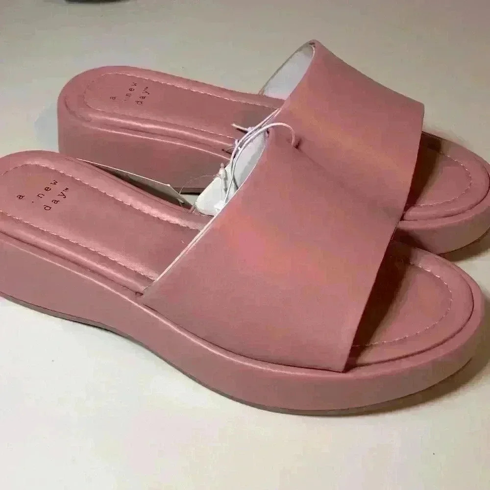 New!  WIDE WIDTH Pink Carlita Wedge Platform Slide Sandals - A New Day 8.5 Wide - Picture 3 of 9